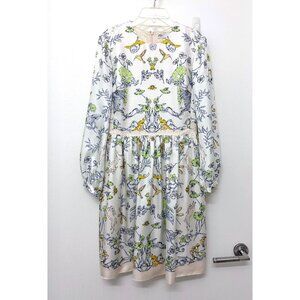 Tory Burch Rabbit Printed Mini Dress Silk Beige Meadow Field Animal Floral 0